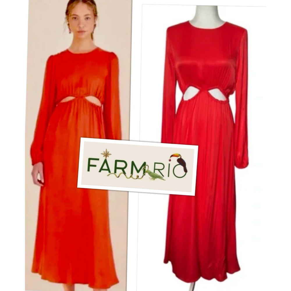Farm Rio Glamorous Red silky Viscose Satin Cut-Out Maxi evening dress size S